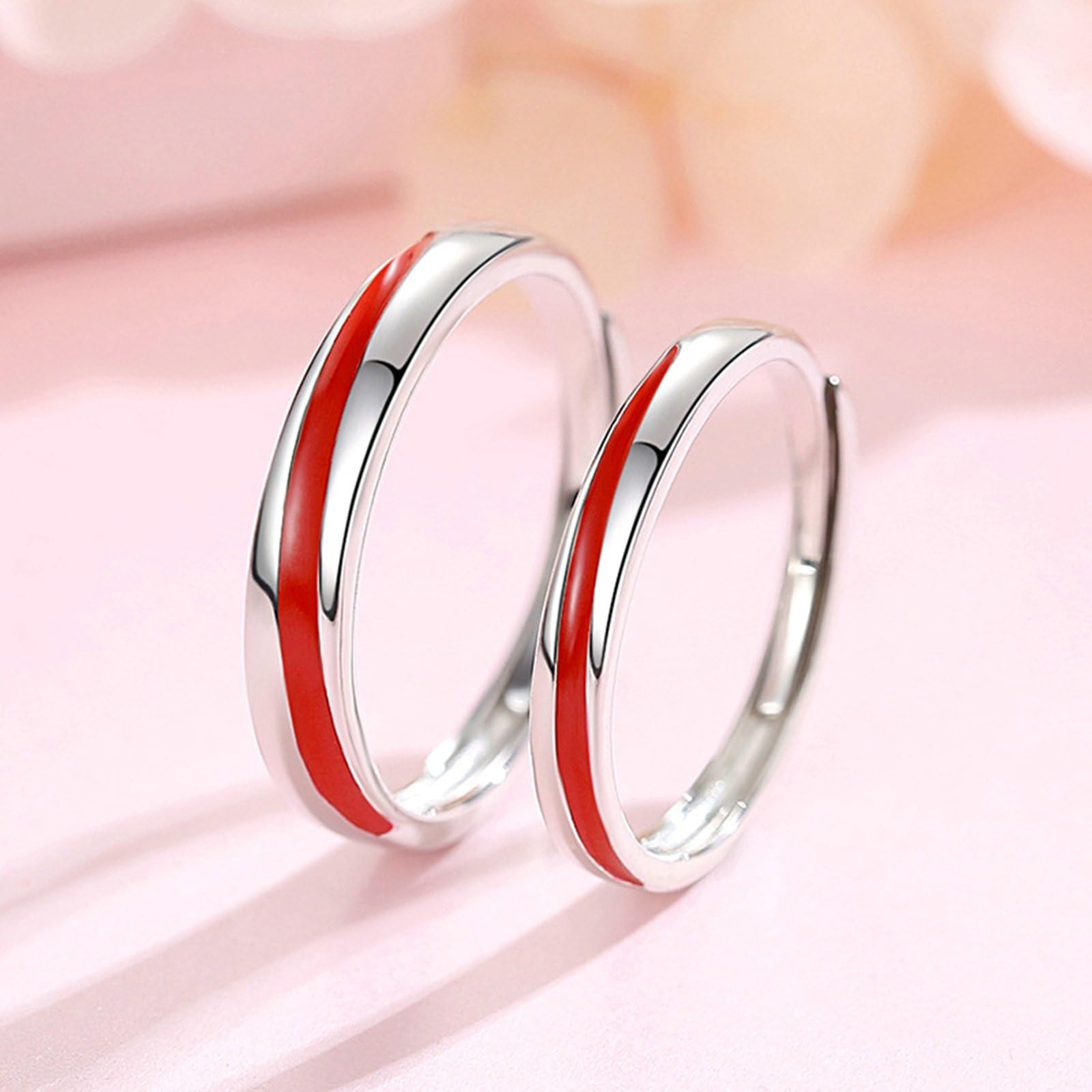 Anello Filo Rosso, Coppia di Anelli in Argento Sterling 925 con Linea Rossa Anello di Fidanzamento Incisione Anello Argento Matrimonio Lui e Lei Regolabile