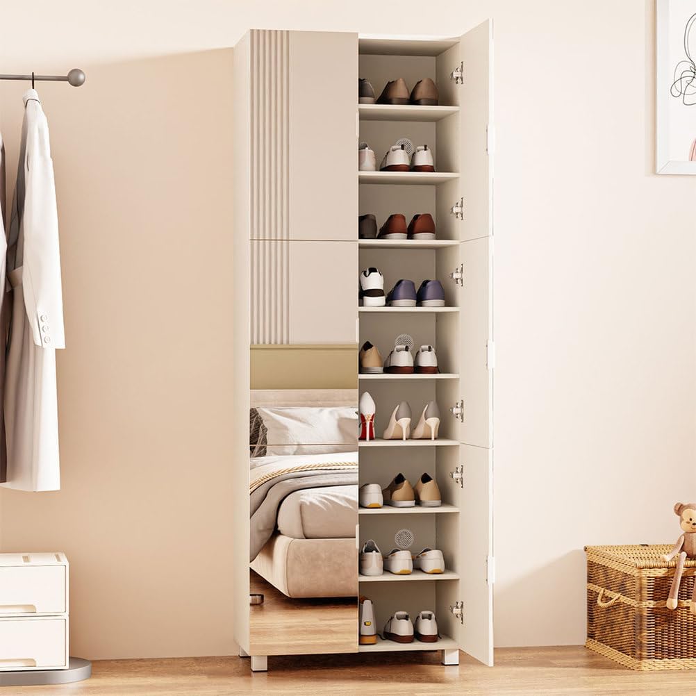 Tall Shoe Cabinet with Full-Length Mirror, 9-Tier Shoe Storage Organizer for Entryway, Bedroom & Closet, Adjustable Shelves for 28–36 Pairs, Soft-Close Doors, Ventilated & Space-Saving Design