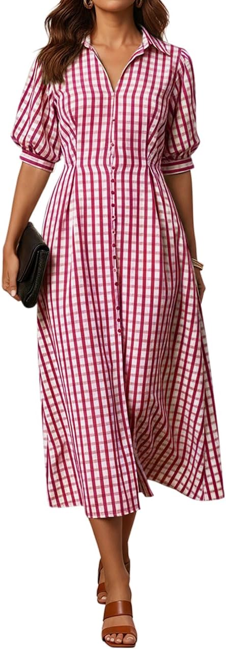 Gingham Summer Dresses for Women 2026 Slit Hemline Trendy Puff Sleeve Button Down Midi Dress