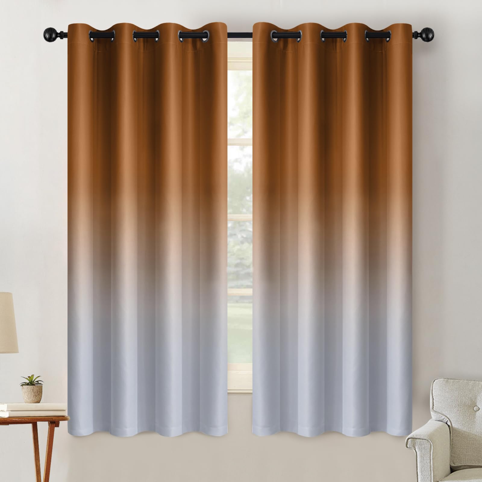 SimpleHome Ombre Room Darkening Curtains for Living Room, Light Blocking Burnt Orange to Grey White Thick Thermal Insulated Grommet Window Curtains Drapes for Bedroom, 2 Panels, 52x63 inches Length — image 1