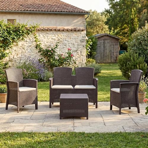 Dmora - Ensemble de Salon d'extérieur Urano, Salon de Jardin avec Coussins, Salon d'intérieur Effet rotin, 100% Made in Italy, Marron