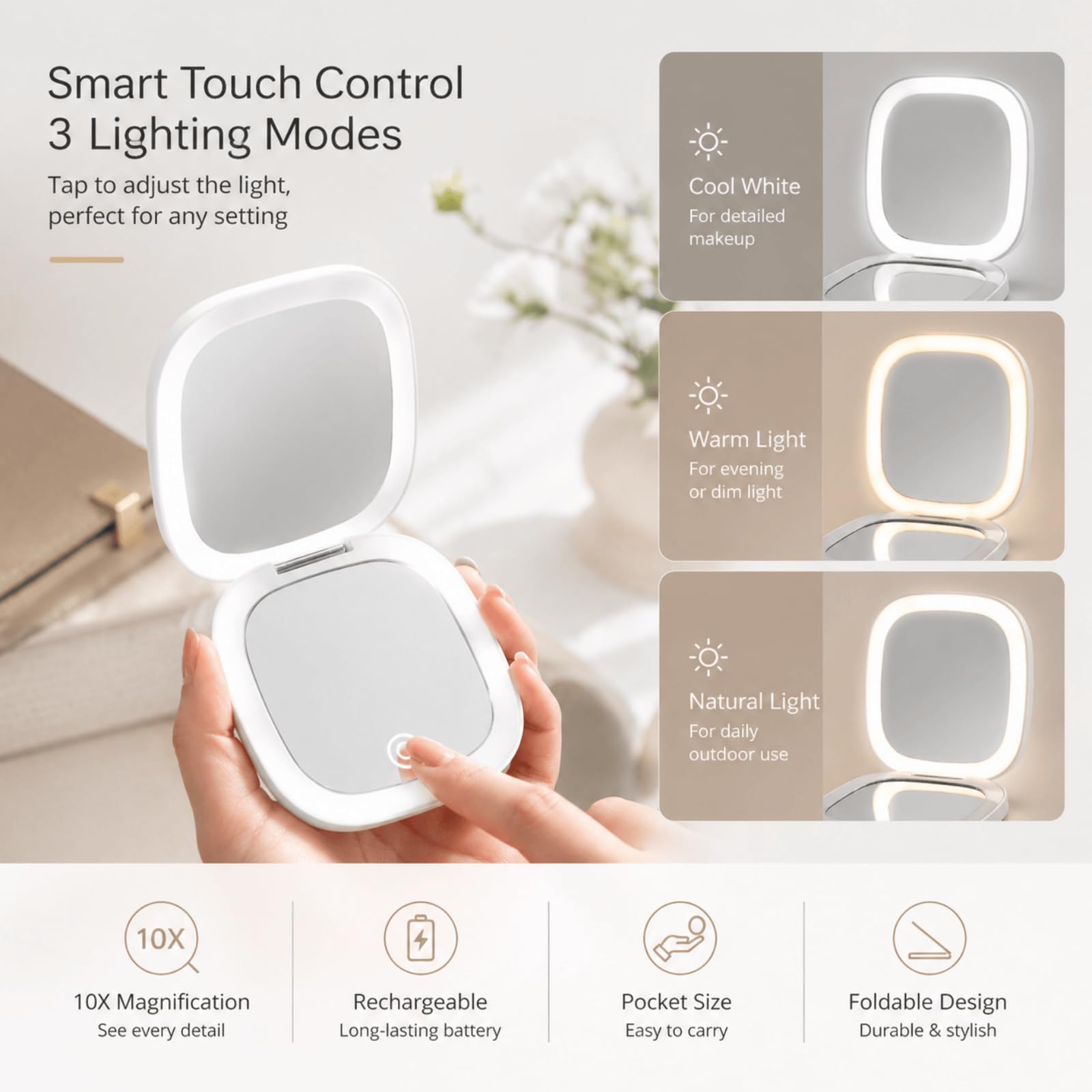 QUMOX Miroir de Maquillage Éclairé Grossissant 10X – Miroir Compact Rechargeable avec Lumière LED, 3 Modes de Lumière, Contrôle Tactile, USB-C – Idéal pour Le Voyage