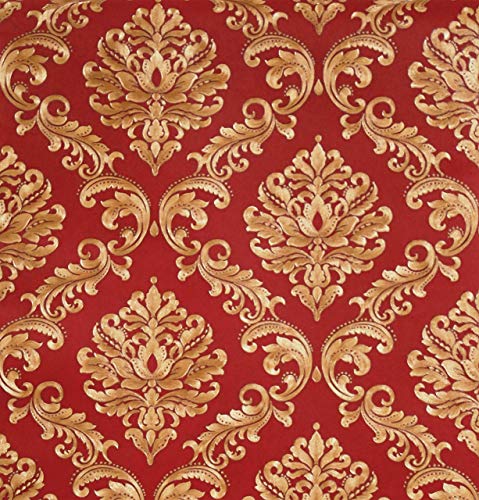 Blooming Wall Red Damasks Flocking Embossed Textured Wallpaper Roll For Livingroom Bedroom, 20.8 In32.8 Ft=57 Sq Ft Per Roll, Gold/Red (Wallpaper-Red) #TOP1