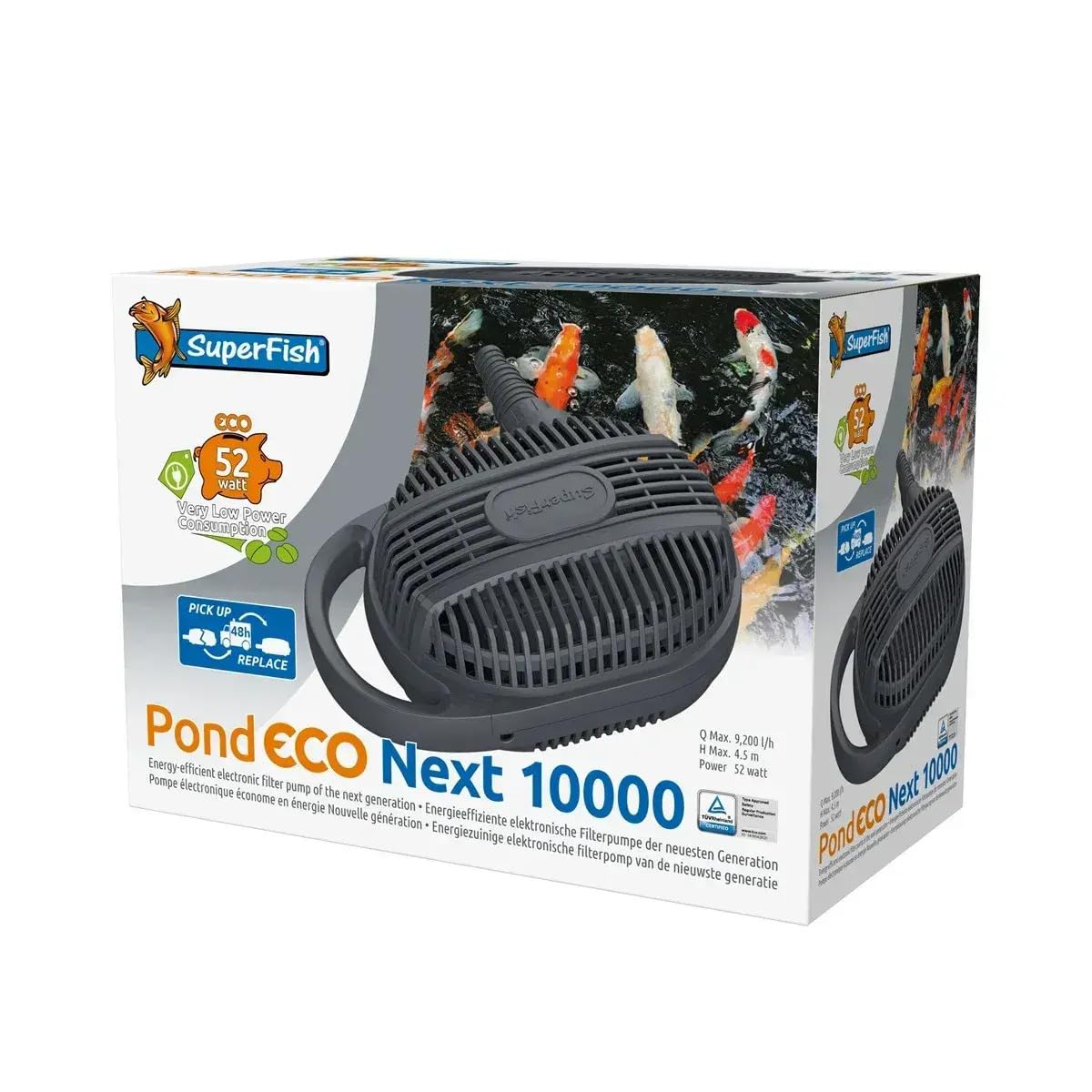 SuperFish Pond ECO Next 10.000 Teichpumpe – 9.200 l/h Förderleistung, energieeffiziente Filterpumpe für Koi- & Fischteiche bis 10.000l, 52 W