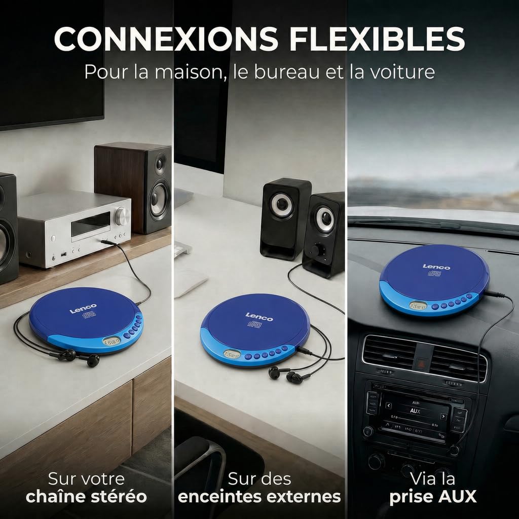 Lenco CD-011 - Lecteur CD portable avec fonction de recharge de la batterie -Diskman - CD Walkman - Avec écouteurs et câble de recharge micro-USB - Écran LCD - Bleu