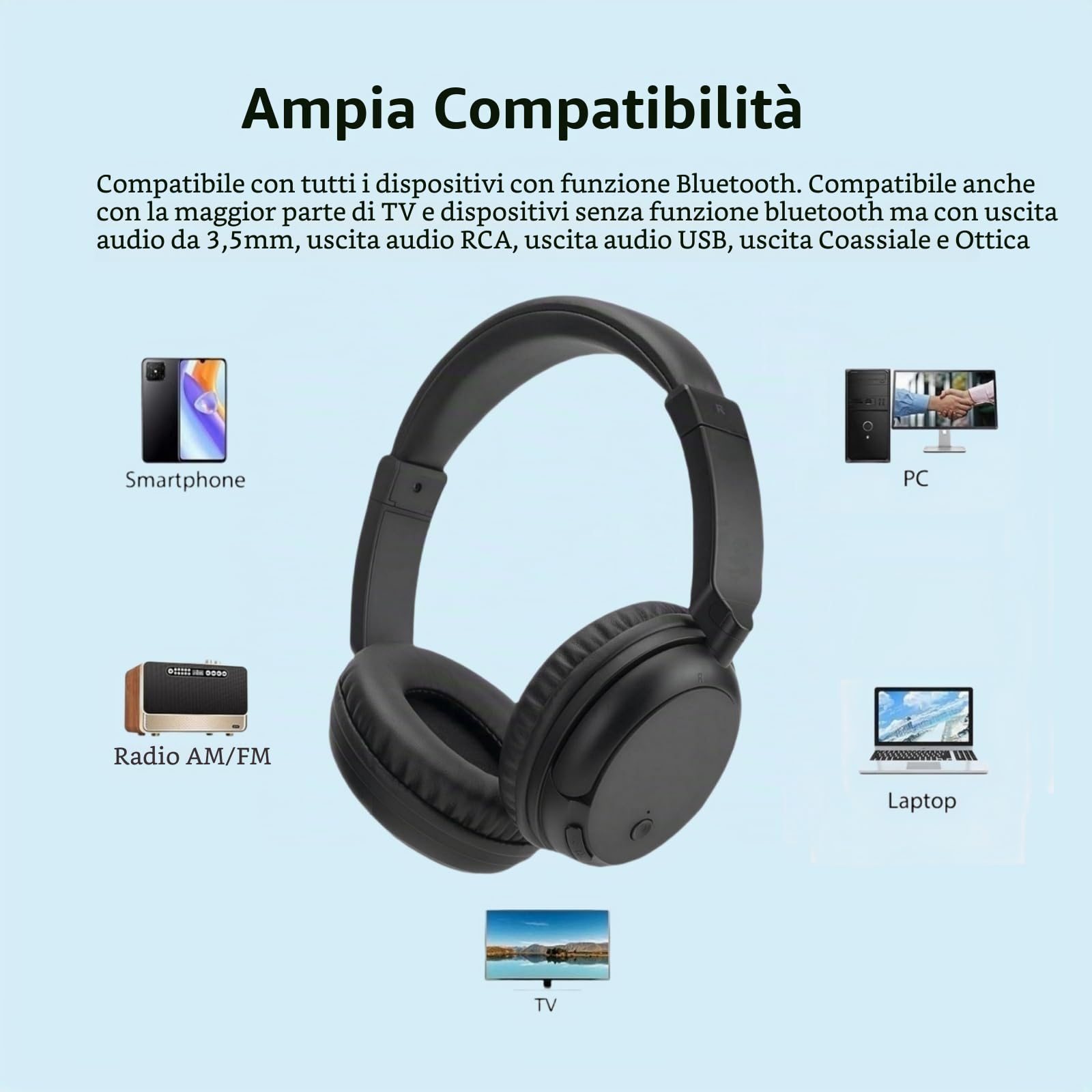 PROW Cuffie Bluetooth 5.3 Over-Ear con Funzione Radio, Cuffie TV Senza Fili Leggere per Anziani, 30 Ore di Riproduzione, Supporto Uscita Audio Coassiale Ottica RCA AUX USB