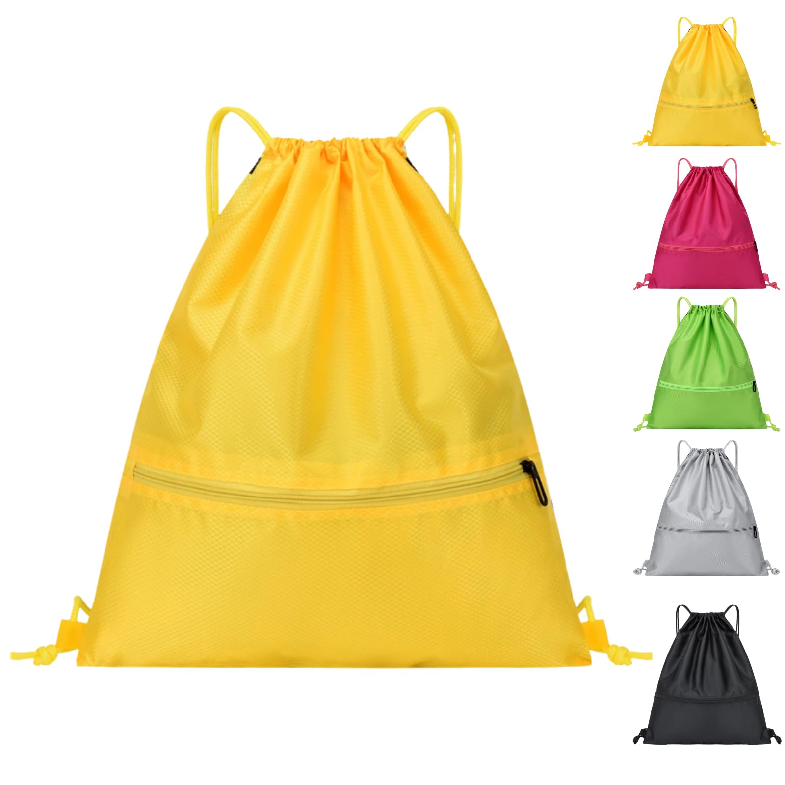 Arae Drawstring Backpack Bag with Front Pocket Waterproof Oxford Cloth, Lightweight Gym Sack for Sports and Travel (Yellow, Small)