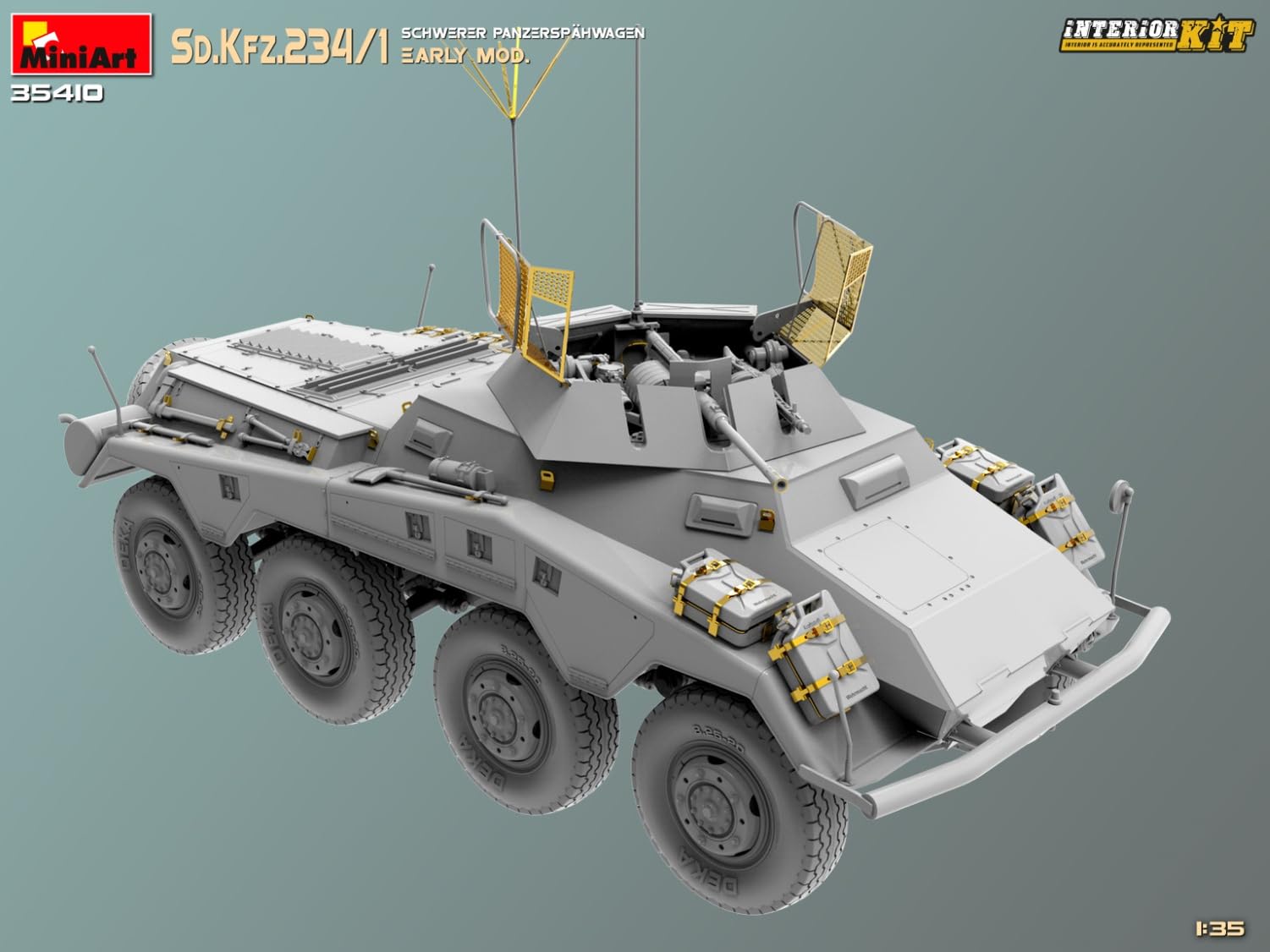 Mini Art 35410 1:35 Sd. Kfz 234/4 Pancerspähwag z Int. - wierna replika, modelarstwo, plastikowy zestaw do montażu, majsterkowanie, hobby, klejenie, zestaw modelarski, montaż, nielakierowany