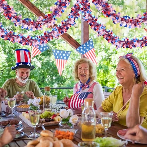 Image of 50FT 4th of July Decorations Red White Blue Star American Flag Tinsel Garland, Glitter Patriotic Garland for Memorial Day Decor Fourth of July Independence Day Outdoor Indoor Home Party Supplies