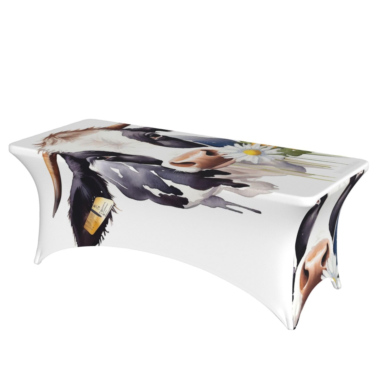 Fodpand Black 6Ft Spandex Table Cloth For Rectangle Tables - Watercolor Cow And Daisy Flower Tablecloth Protector, Washable And Wrinkle Resistant Stretch Patio Table Cover For Event, Wedding, Banquet & Parties