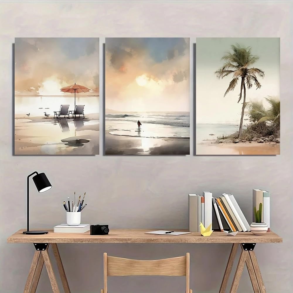 GKUVBF Quadro su tela con stampa astratta di sdraio in stile boho, paesaggio da spiaggia, tramonto sul mare e palme, ideale per soggiorno e arredamento (50x70 cm x 3/cornice interna).