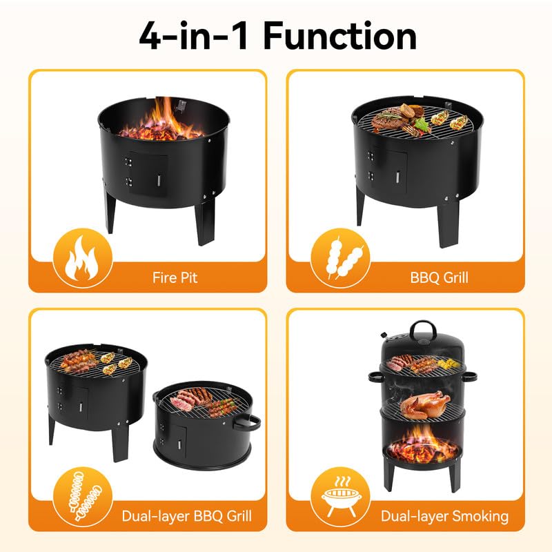 Pojemnik wędzarniczy 3 w 1, Ø 40 cm, grill na węgiel drzewny z termometrem i pokrywką, 2 poziomy, piec wędzarniczy do grillowania, wędzenia, duszenia