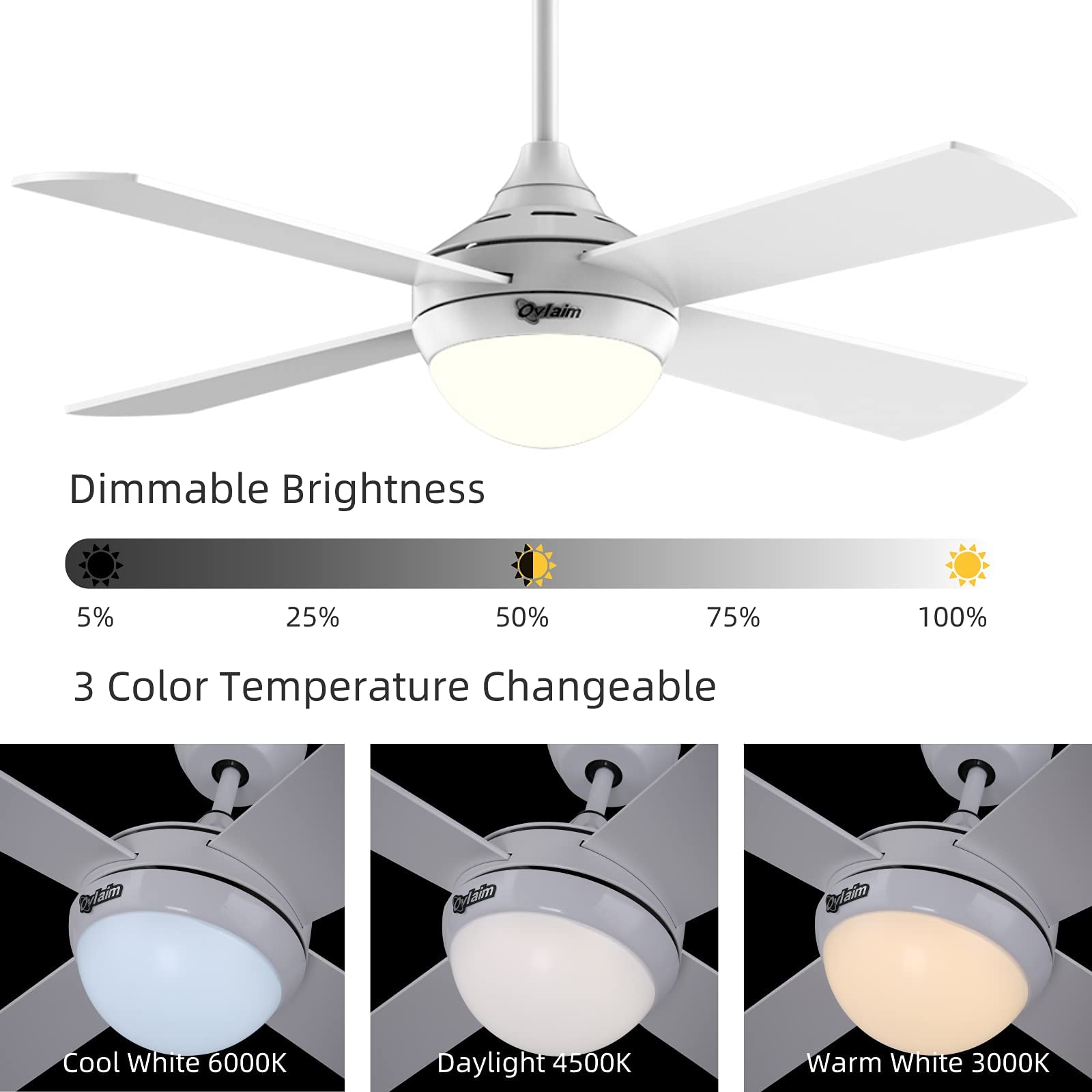 Ovlaim Ventilatore da Soffitto da 122 cm con Led Luce (3 colori) e Telecomando (6 velocità), motore DC a silenzioso e risparmio energetico, adatto per l'estate e l'inverno - Bianco