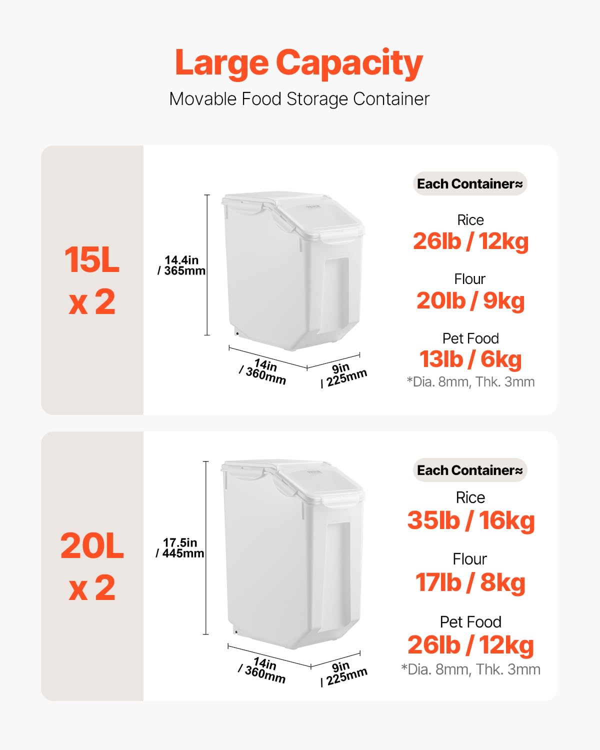 VEVOR Contenedor de Almacenamiento de Arroz, 15 L x 2 + 20 L x 2, para Cereales y Granos para Ingredientes de Cocina, para Mascotas con Ruedas, 4 Tazas Medidoras, 365 x 230 x 365 mm ± 10 mm, Blanco
