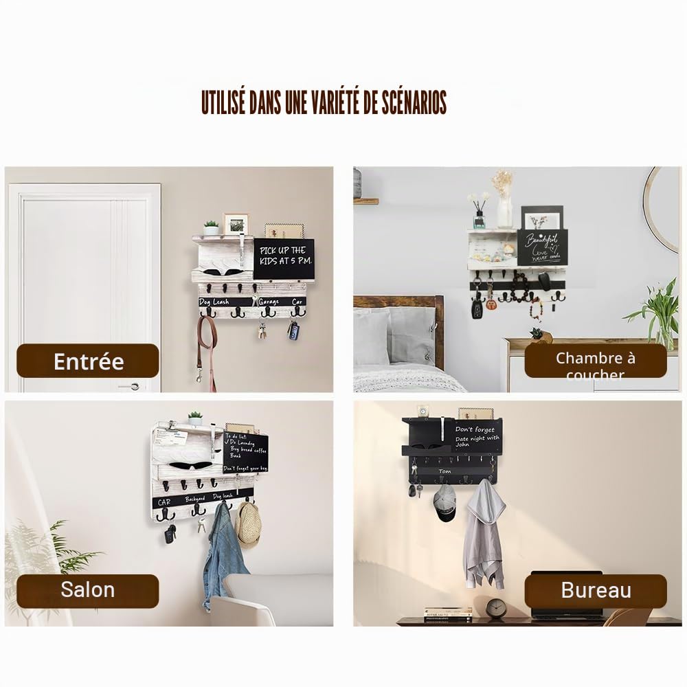 Porte-Courrier Mural et Porte-Clés avec 12 Crochets pour Clés, Plaque à Clés Murale Avec Étagère et Tableau à Craie, Rangement Pour Clés et Lettres pour Entrée, Couloir, Blanc