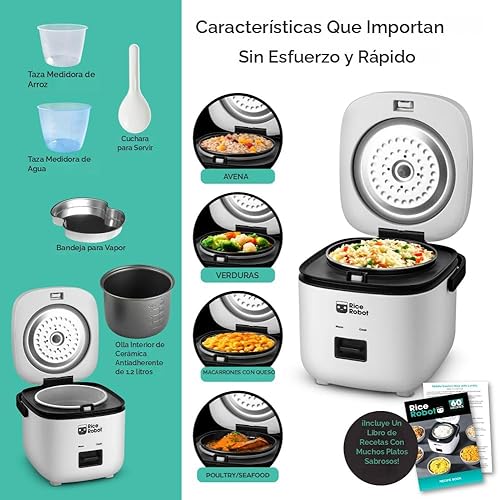 Miniatura 3 de Rice Robot - Arrocera personal, sin PFAS, antiadherente. Capacidad de 1 cuarto de galón, con bandeja de vapor de acero inoxidable, tazas medidoras,