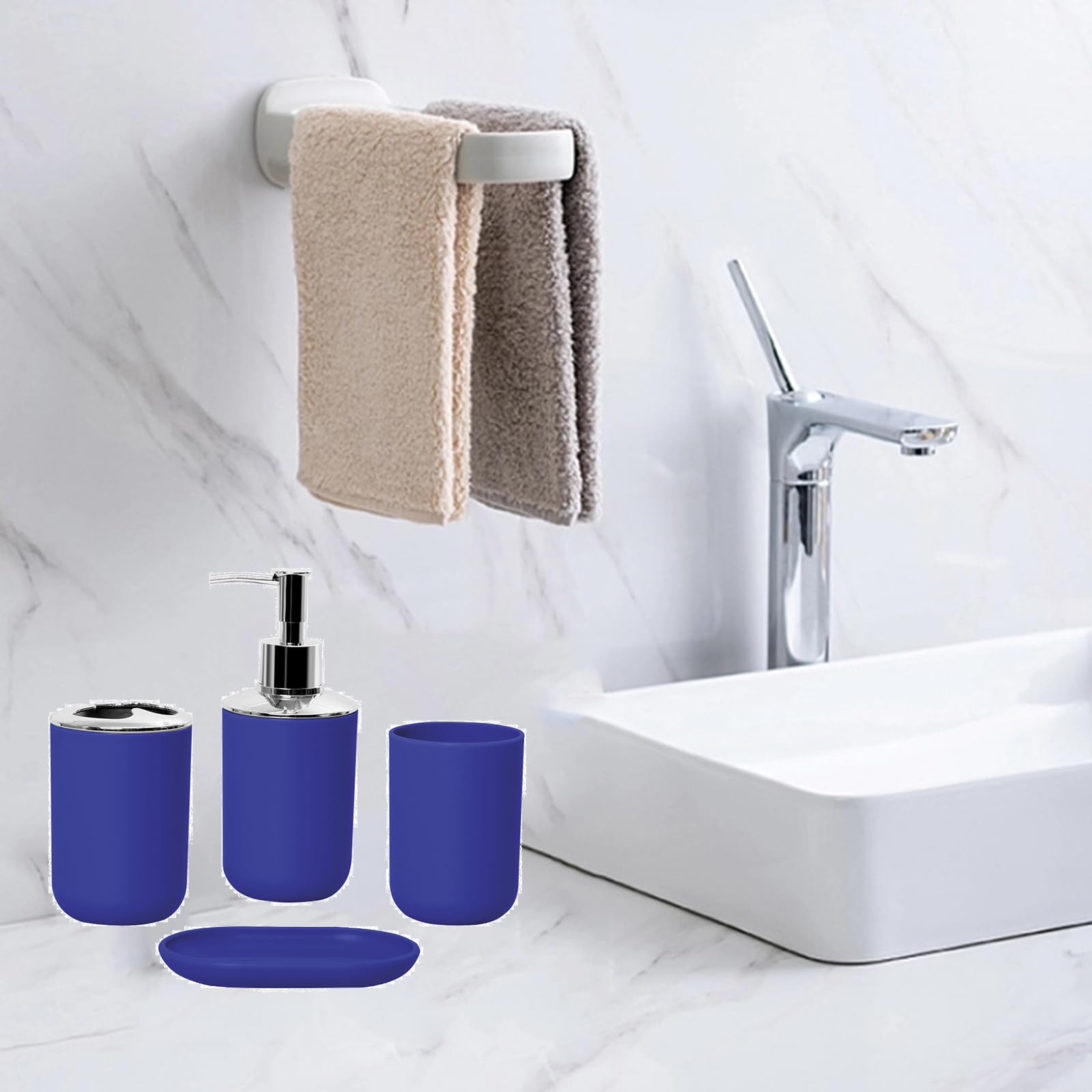 Hosoncovy 4 Pieces Bathroom Accessory Set including Soap Dispenser, Bathroom Cup, Soap Dish ,Toothbrush and Toothpaste Holder (Blue) - Image 3