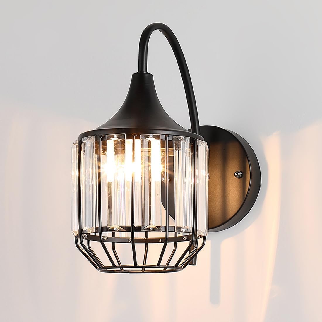 TCHAUSGZUS Black Crystal Wall Sconce - Mid Century Industrial Vintage Wall Light for Bathroom, Bedroom, Living Room, Kitchen, Hallway