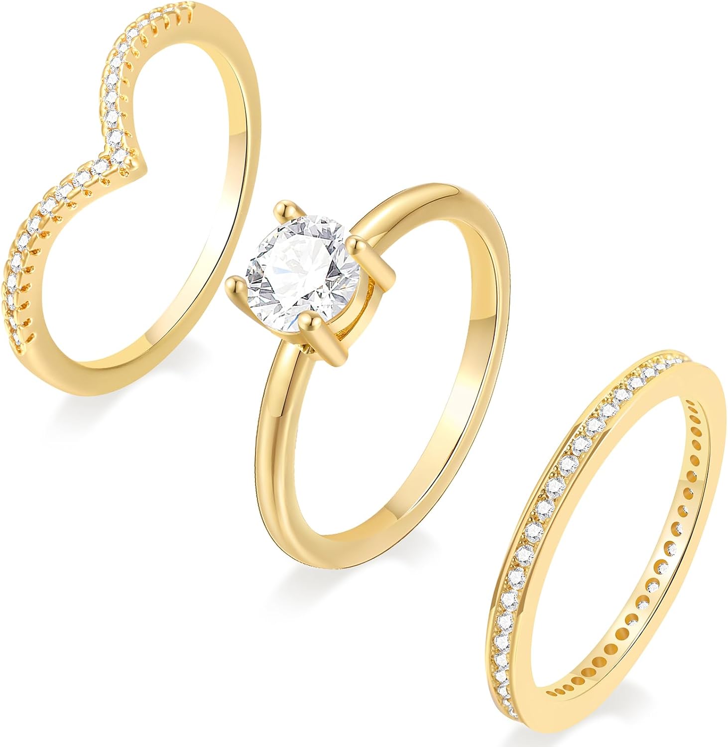 YEEZII Gold Rings Set for Women, 14K Gold Plated Stackable Cubic Zirconia Knuckle Ring, Dainty Statement Promise Wedding Engagement Rings Non Tarnish Size 8