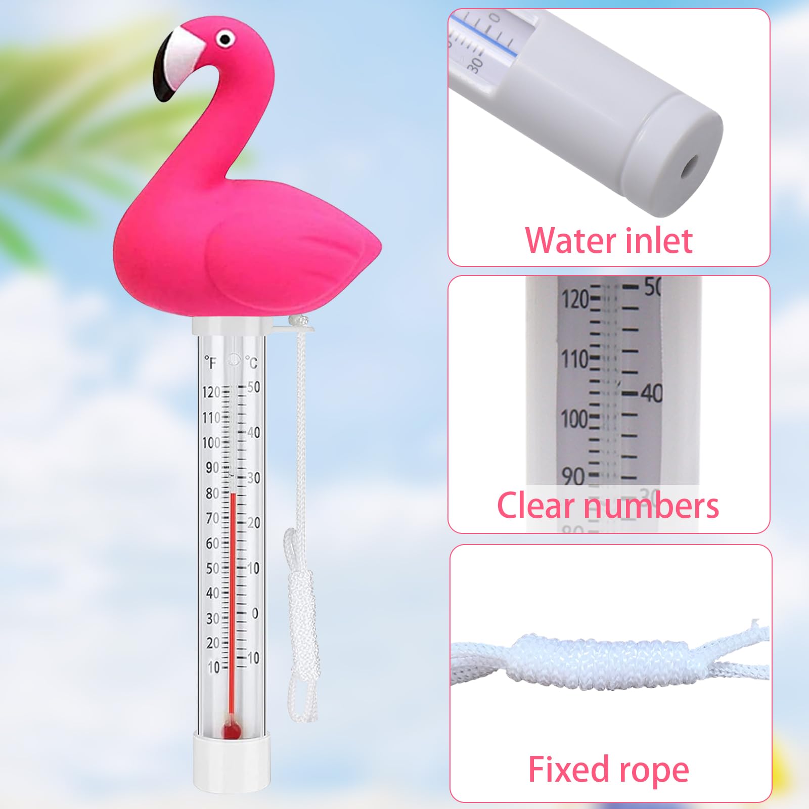 Thermomètre à eau flottant, thermomètre de bain flamants roses, thermomètre de piscine avec corde, thermomètre de piscine de dessin animé, thermomètre de température de l'eau pour piscines, jacuzzi