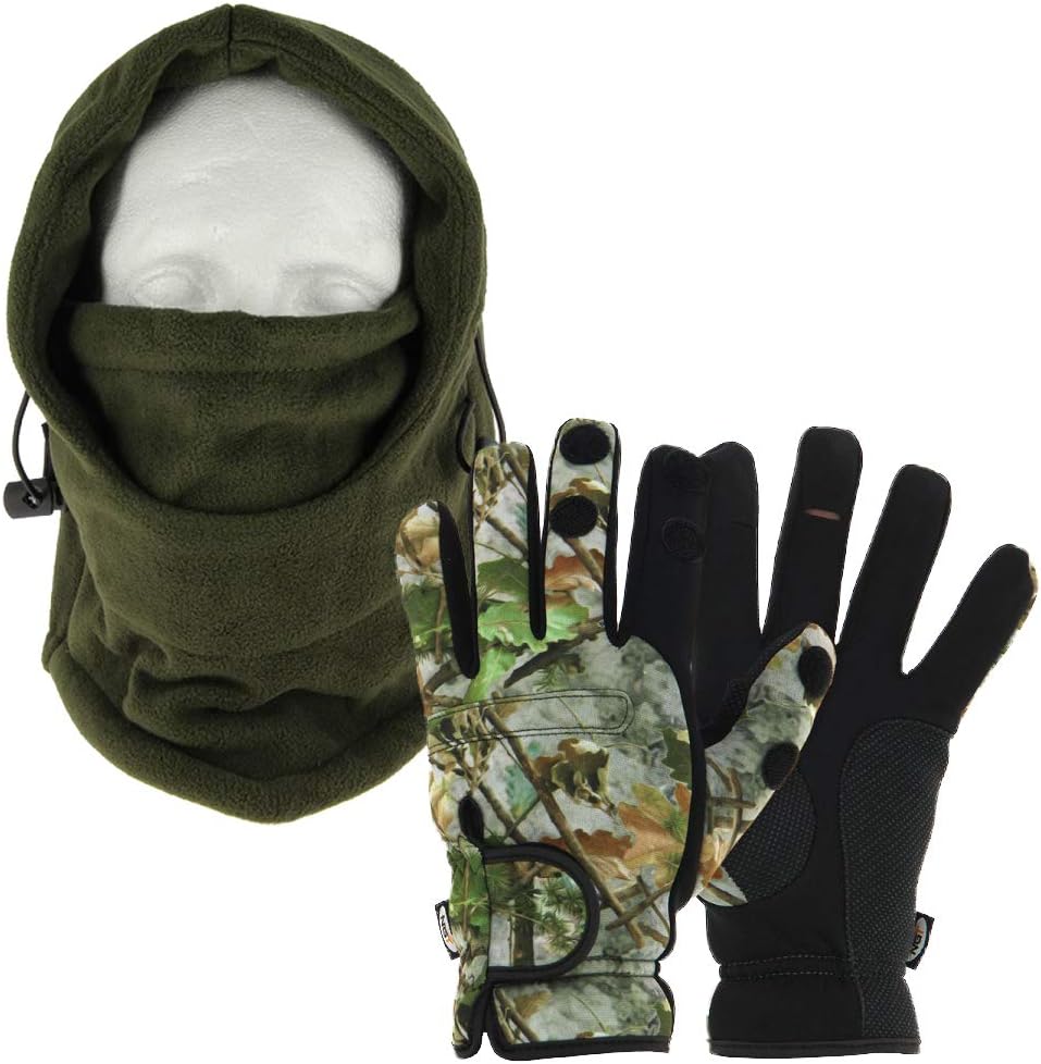Cold Weather Carp Fishing Fleece Lined OD Green Adjustable Snood with Gloves (Medium, Large or Extra Large - You Pick) (XLarge Gloves)