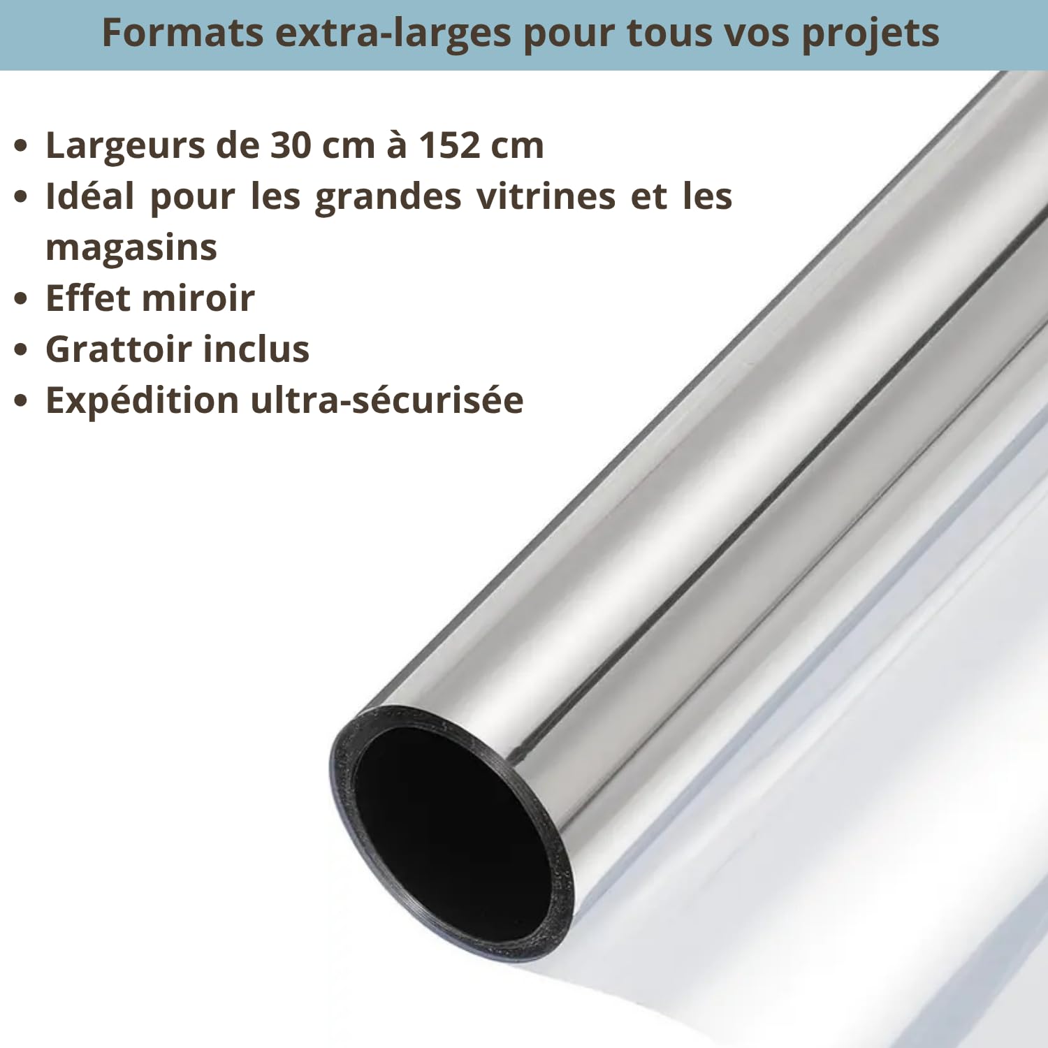 Film miroir pour fenêtres (120 x 1000 cm) Grandes tailles – avec colle occultante réfléchissante unidirectionnelle 99 % anti-UV, contrôle de la chaleur, bureau, maison, vitres (argenté, adhésif sans