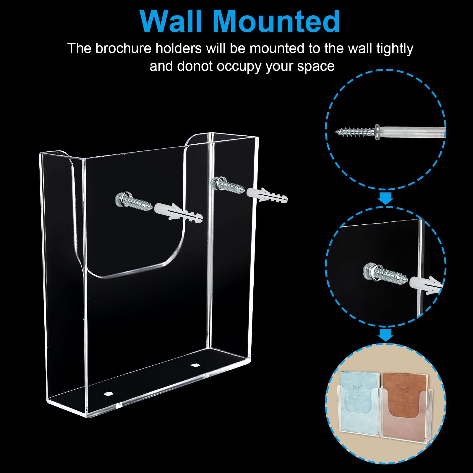 Paquete de 6 soportes para folletos de pared de 6.5 x 6.5 pulgadas, soporte de plástico transparente para folletos, folletos, soporte de exhibición de folletos de pared para trípticos