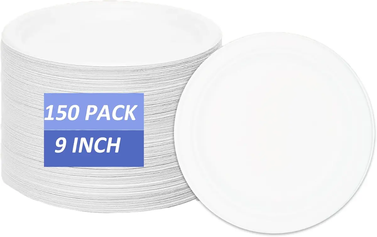 SAREL 150 Pack Compostable 9 inch Paper Plates, Disposable Sugarcane Party Plates, 100% Natural Bagasse Biodegradable Eco-Friendly Heavy-Duty Dessert Plates Dinner Plates, White