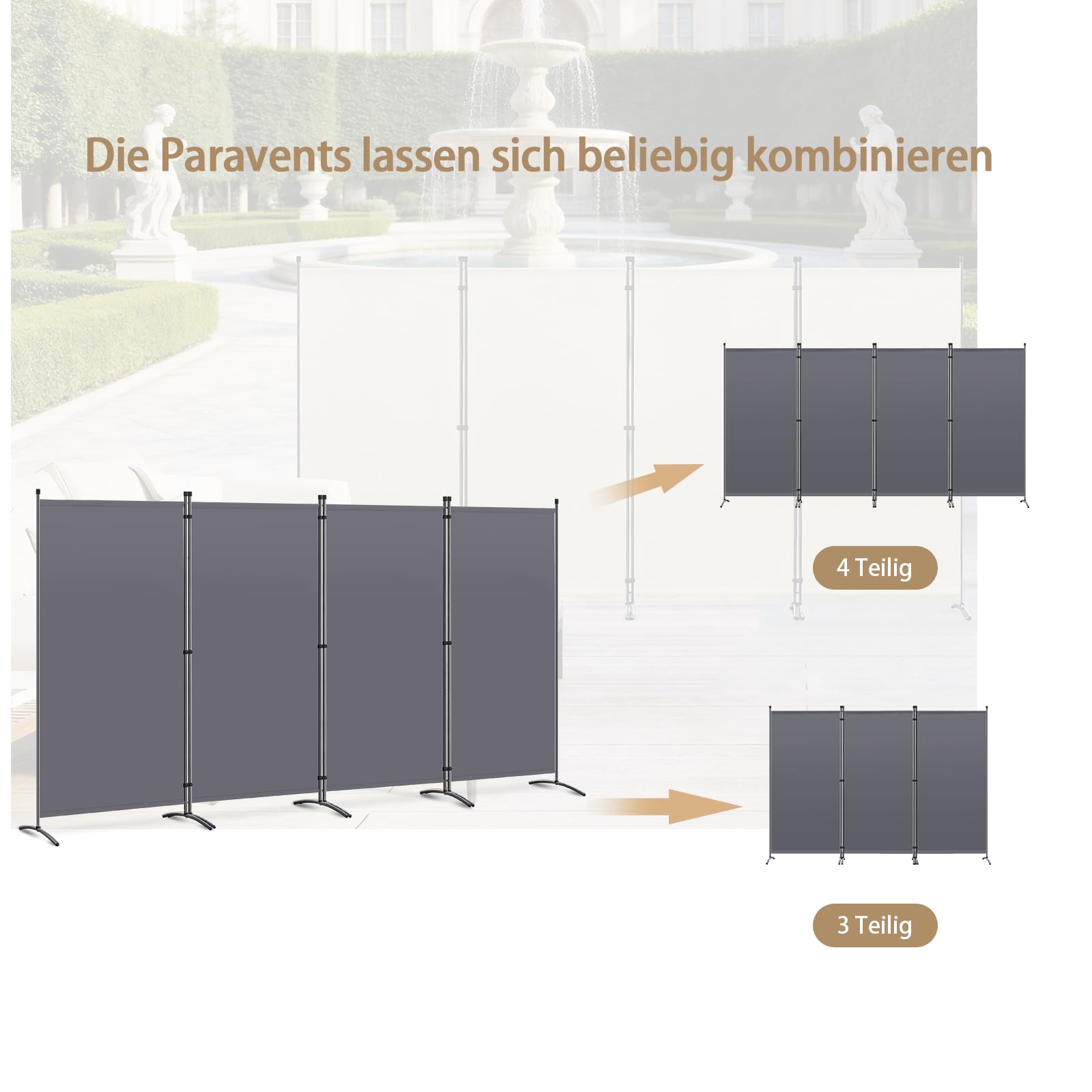 Paravent 4 Teilig Raumteiler Trennwand Balkon Sichtschutz Stellwand Faltbar 345 x 180cm (Grau)