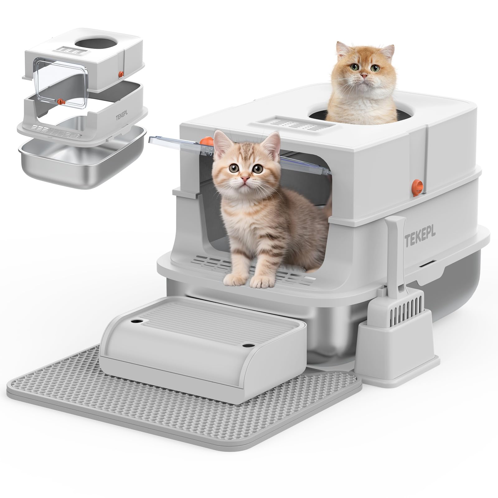 Stainless Steel Cat Litter Tray, XL Litter Box with Flip Lid and Scoop, Detachable and Leak-Proof Metal Large Pet Toilet with Filter Pedal, Charcoal Filteand Mat, Front & Top Dual Entry