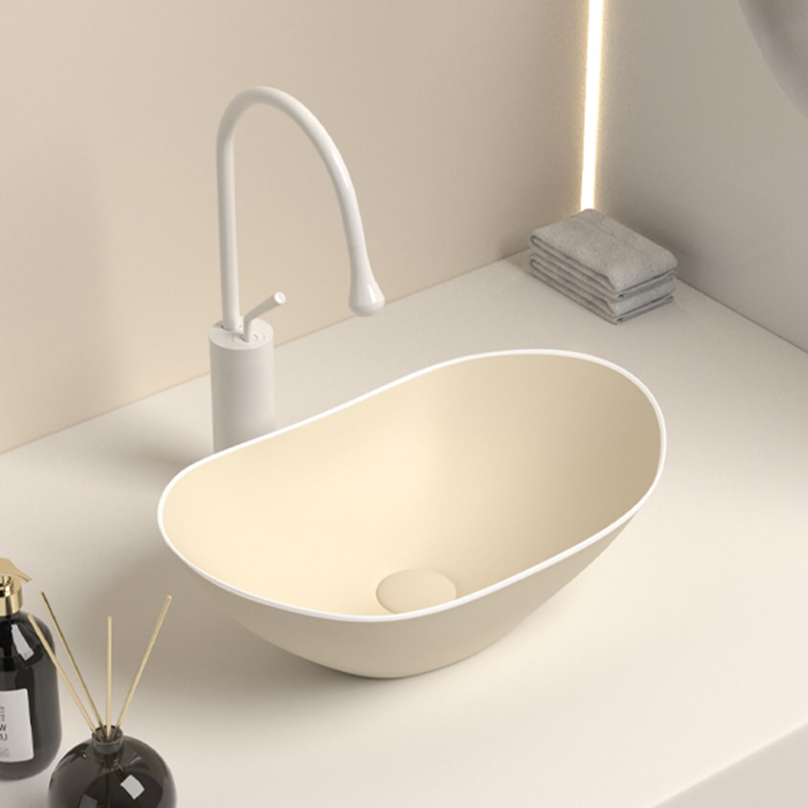 Ceramiczna umywalka łazienkowa nablatowa, umywalka meblowa z baterią z podwójną kontrolą wody ciepłej i zimnej, do łazienek, umywalkas meblowa, umywalkas łazienkowa(White,Small)