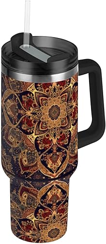 Botellas de agua de primavera de boca ancha al vacío con diseño de mandala de estilo bohemio, con pajilla, resistente a las fugas, taza decorativa