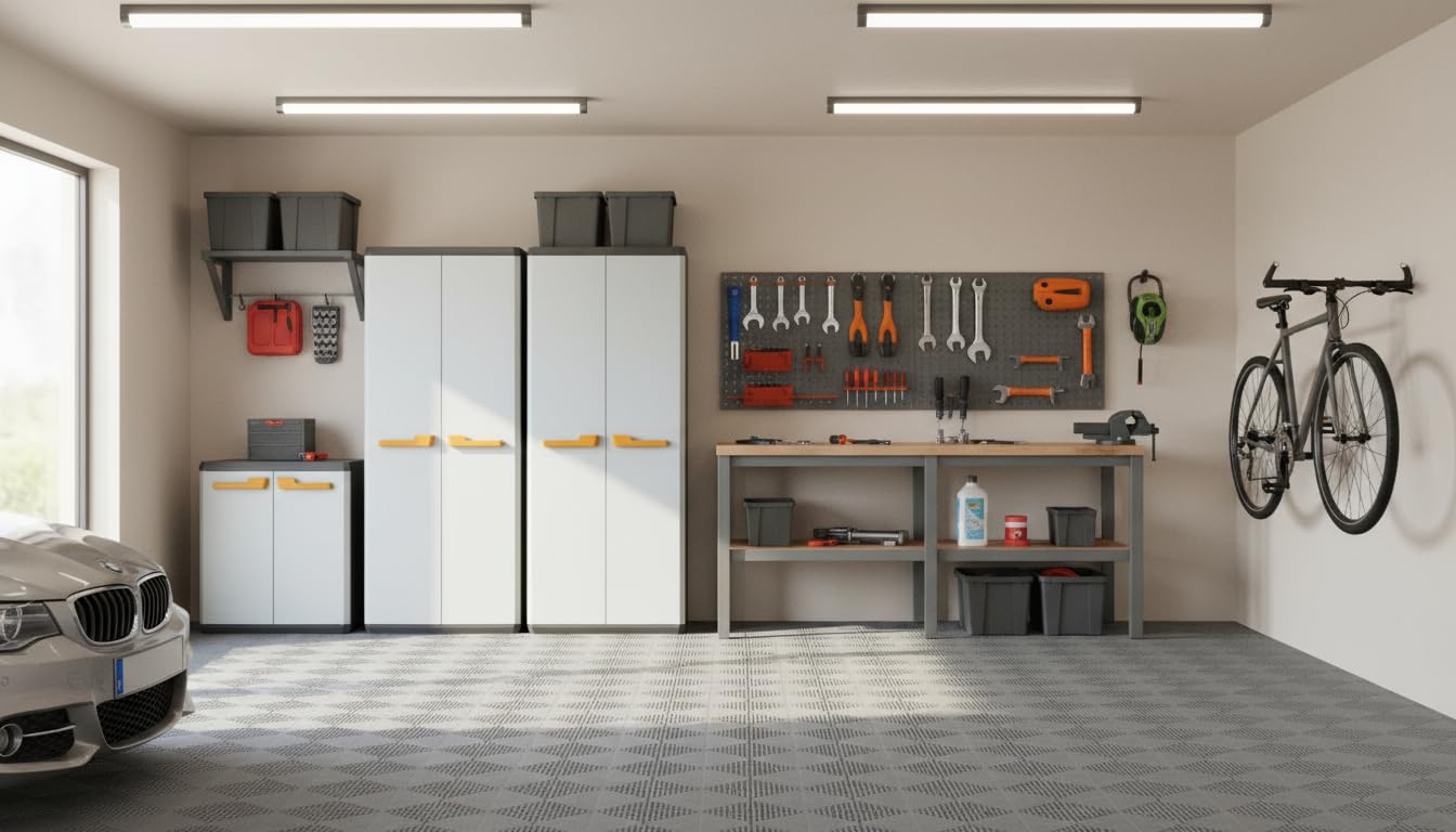 Keter Armoire Portes‑Balais Rio, Idéale pour Garage et Balcon, avec 3 Étagères Réglables, Gris, 68 × 39 × 166 cm
