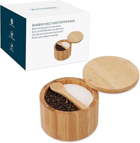 KITCHENDAO Caja de bambú para sal y pimienta, cuchara integrada, contenedor de condimentos de especias de dos compartimentos, soporte para bodega de