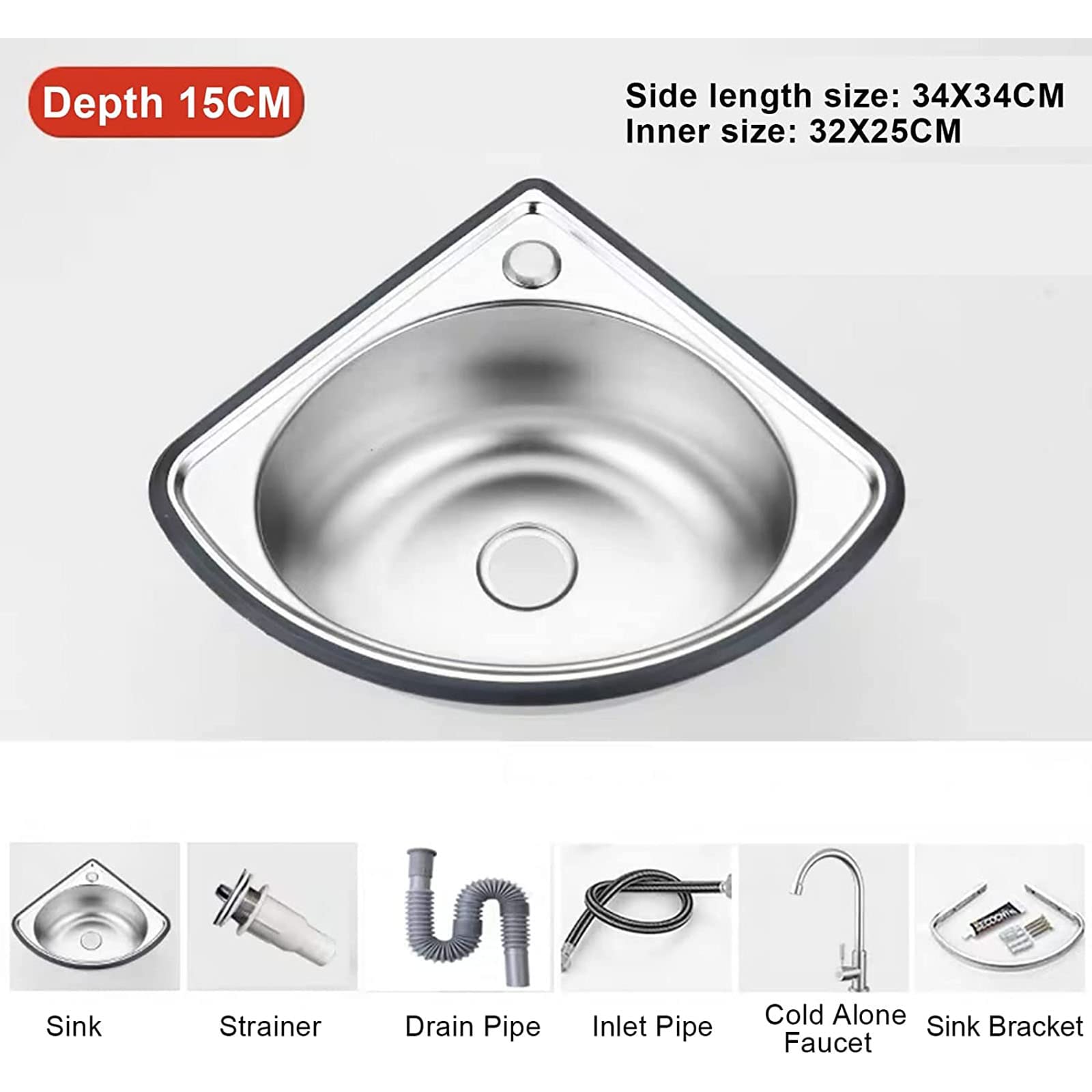 Fregadero de Acero Inoxidable de un Seno con escurridor y Grifo, lavabos Triangulares para baño, Ideal para Cocina, Exterior/Interior, Garaje, lavadero/Cuarto de Servicio, Restaurante - 34 x