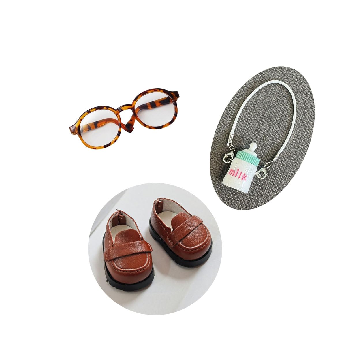 Tznzxm 17cm Dolls Accessories, 6.7 inches Dolls Stylish Set, [3 Piece Set] -Brown Mini Shoes+Mini Glasses+Bottle Model Fashion Dress Up Mini Costume