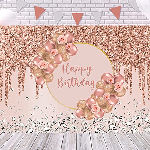 Happy Birthday Backdrop For Girls Women Rose Gold Glitter Diamonds Flower Balloon Sweet 16Th 18Th Birthday Party Banner Decorations Supplies #TOP4