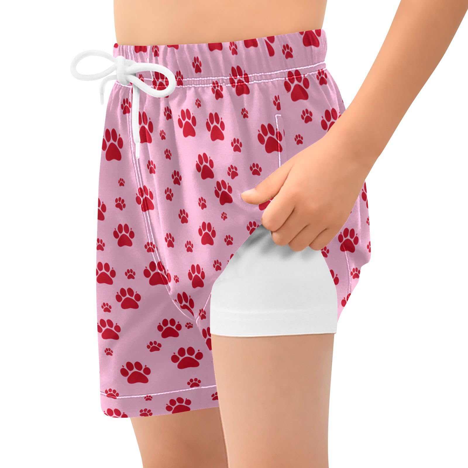 YANENDIE Boy Swim Trunks with Compression Liner Red Paw Prints Boys Swim Shorts Quick Dry Beach Shorts