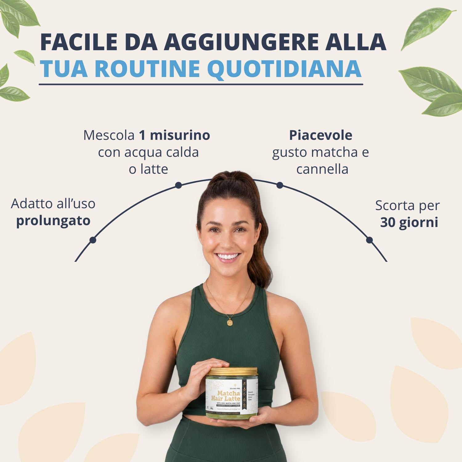 Golden Tree Matcha Hair Latte – Matcha Polvere, 180 g, 30 Porzioni | Latte di Cocco in Polvere, MSM, Zinco e Biotina, Tè Verde in Polvere, 2% di Caffeina