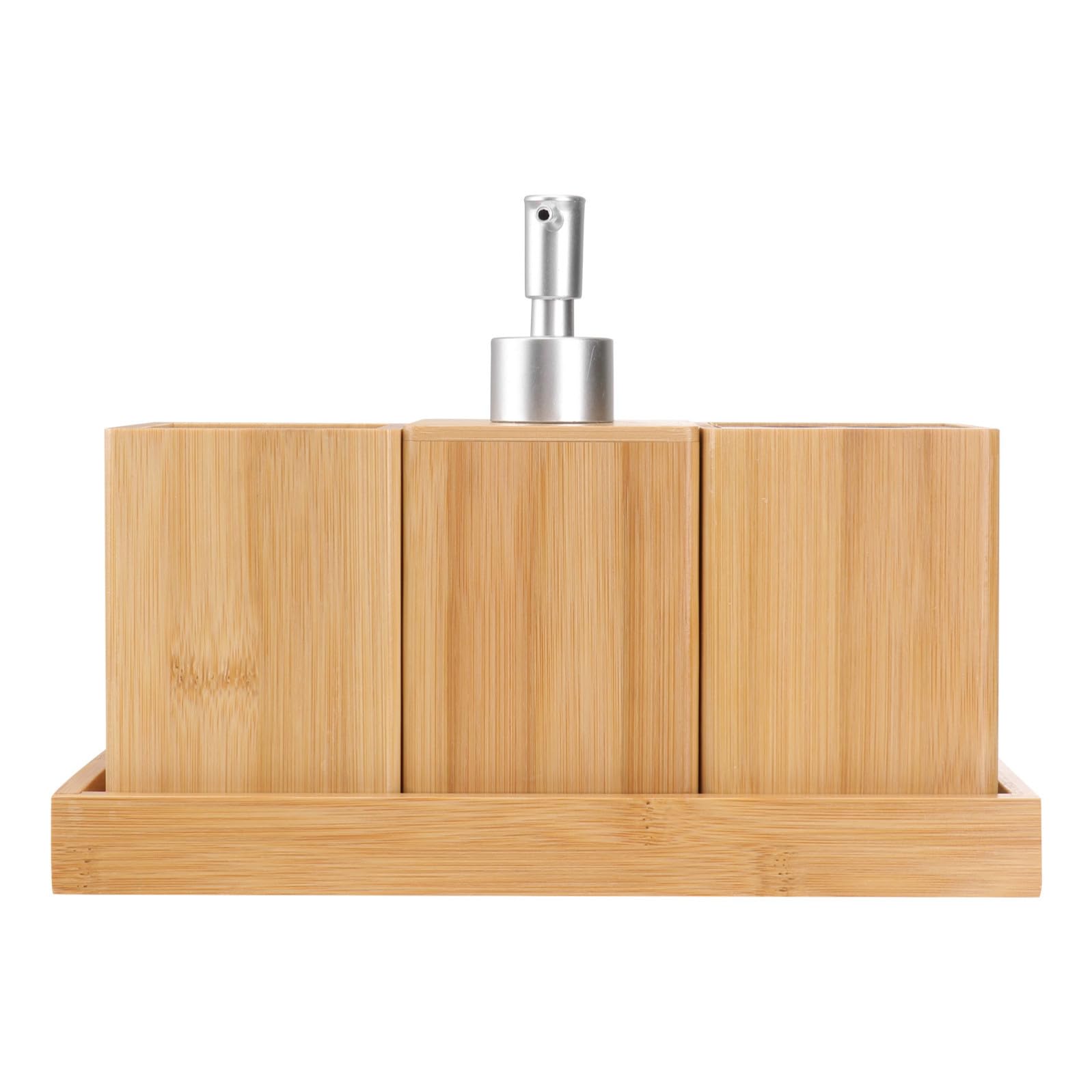 Set Accessori Bagno in Bambù e Ceramica 4 Pezzi per Toilette | Marrone e Argento, Organizer da Banco per Casa e Ospiti, Look Elegante