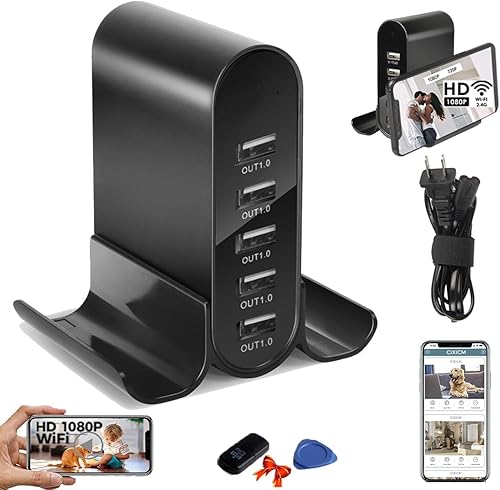 1080P HD 5USB puerto inalámbrico oculto cámara espía niñera cargador y cámara de seguridad con transmisión en vivo, detección de movimiento,
