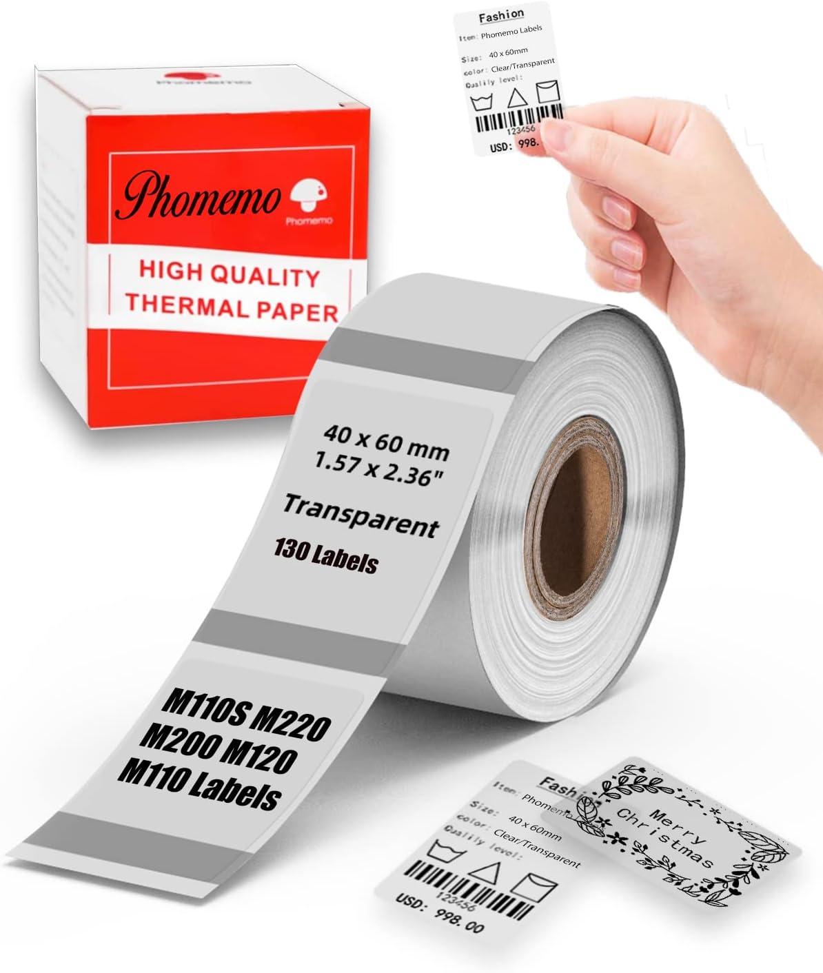 Original M110 M220 Clear Thermal Labels -1.57"x2.36" (40x60mm) Transparent Waterproof Label Refills Compatible with Phomemo M110, M100, M220, M221, M260, M150, M250 Label Makers for DIY, Logo, Thanks