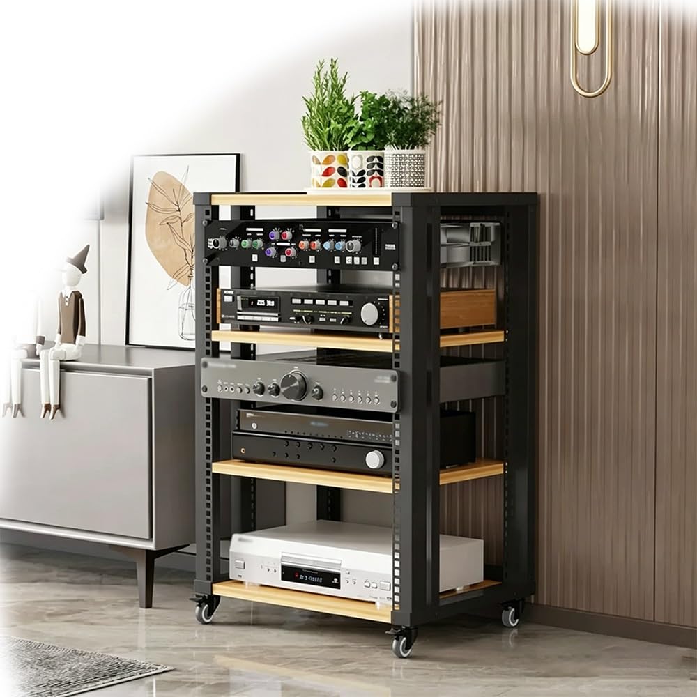 KLerDH Media Racks, Adjustable AV Media Stand With Wheels 2/3/4-Tier Hifi Audio Rack(Light Walnut,4 Tier)