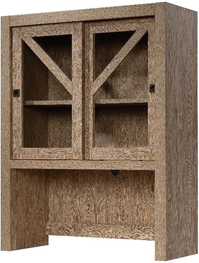 Pemberly Row Library Hutch, Engineered Wood and Glass, Brushed Oak Finish, 42.2 in H x 33 in W x 12.8 in D, Sliding Safety Glass Doors, Adjustable Shelf, Farmhouse Style Home Office Storage