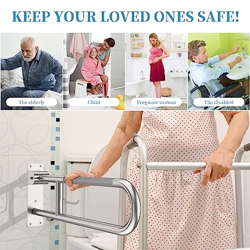Image of Toilet Grab Bar 30.3 Inch, Munzong Anti-Slip Handicap Grab Bars with Paper Holder, Flip-Up Bathroom Toilet Safety Rails, Stainless Steel Knurled Support handrails for Seniors Elderly Disabled Pregnant