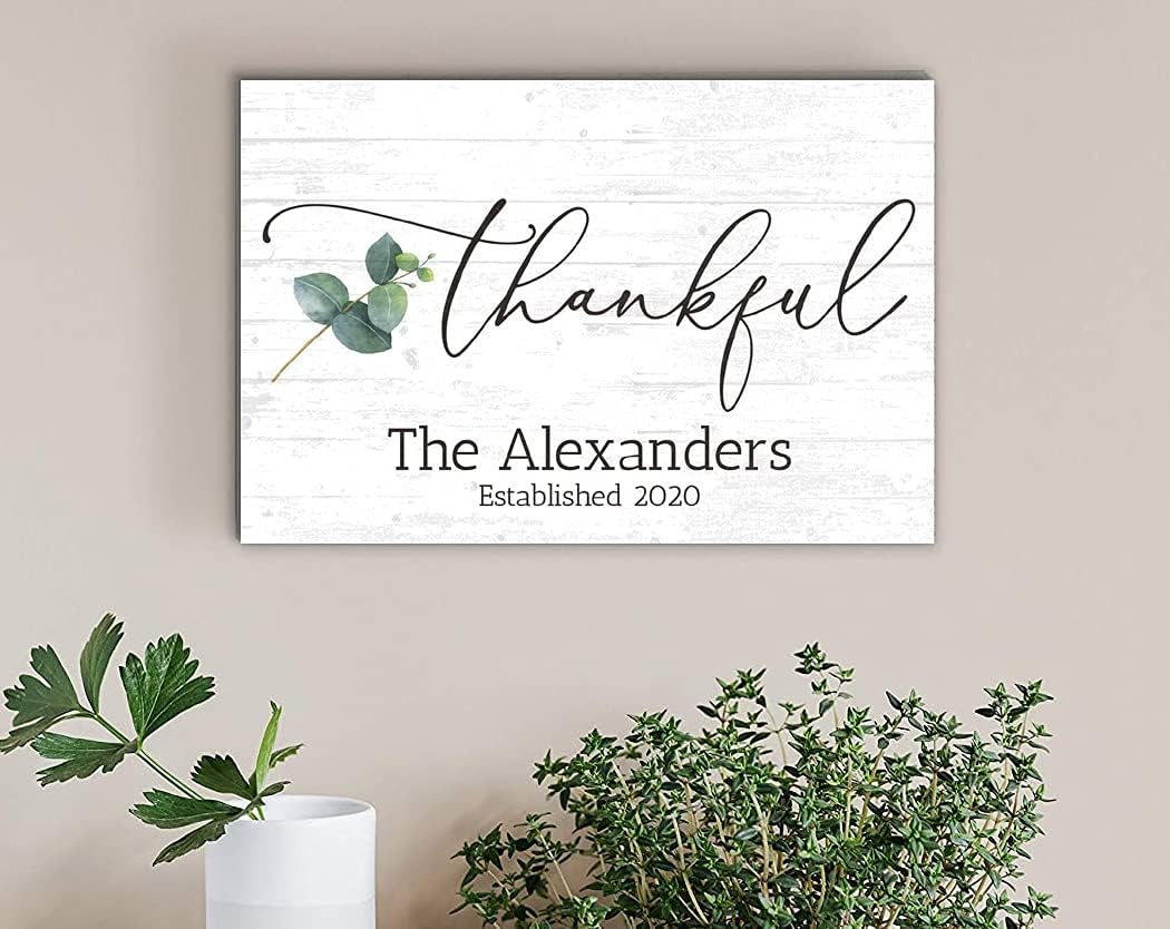 THANKFUL Sign Personalized Family Name or Home Established Date Inspirational Quote Wall Art SOLID WOOD - 16.5" x 10.5"