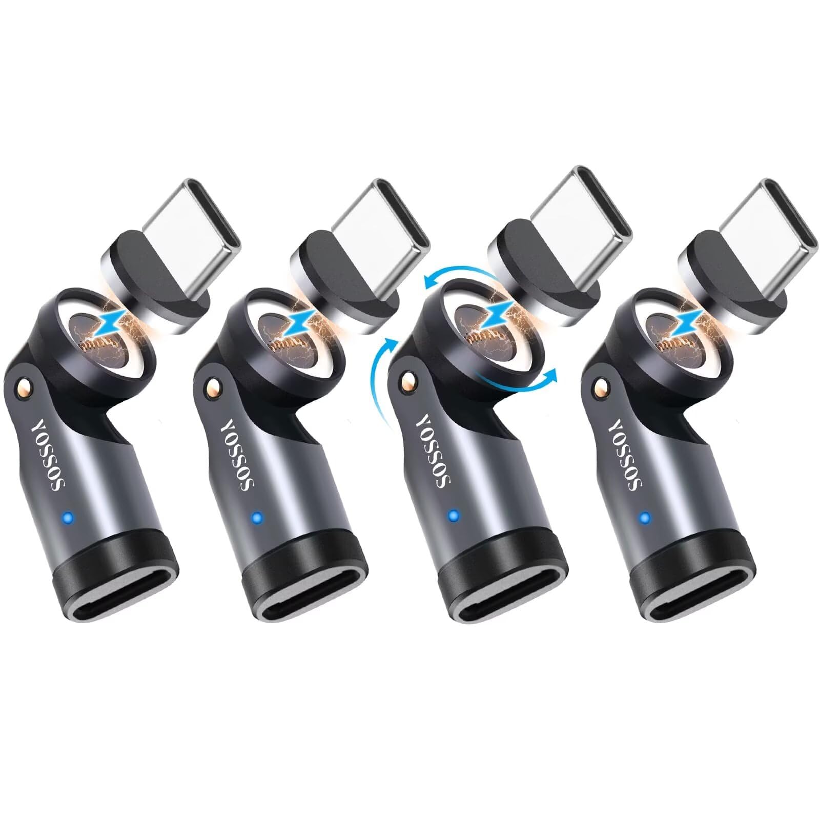 Yossos USB C Magnetic Adapter 240W[4 Pack] 90 Degree Type C Magnetic Charging Cable Right Angle 180 & 360 Degree Rotating Connector Tips for Phone Pad