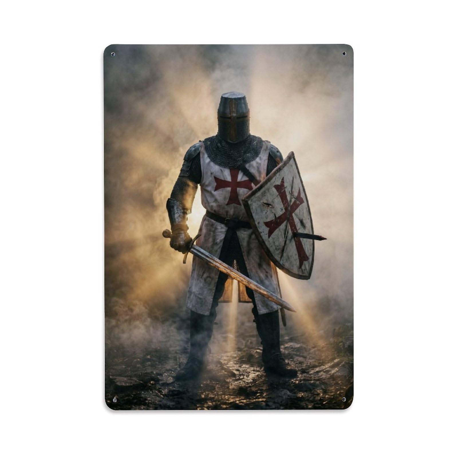 Olhnbad Style Shield Bearer Knight Templar Medieval Armour Misty Metal Tin Sign