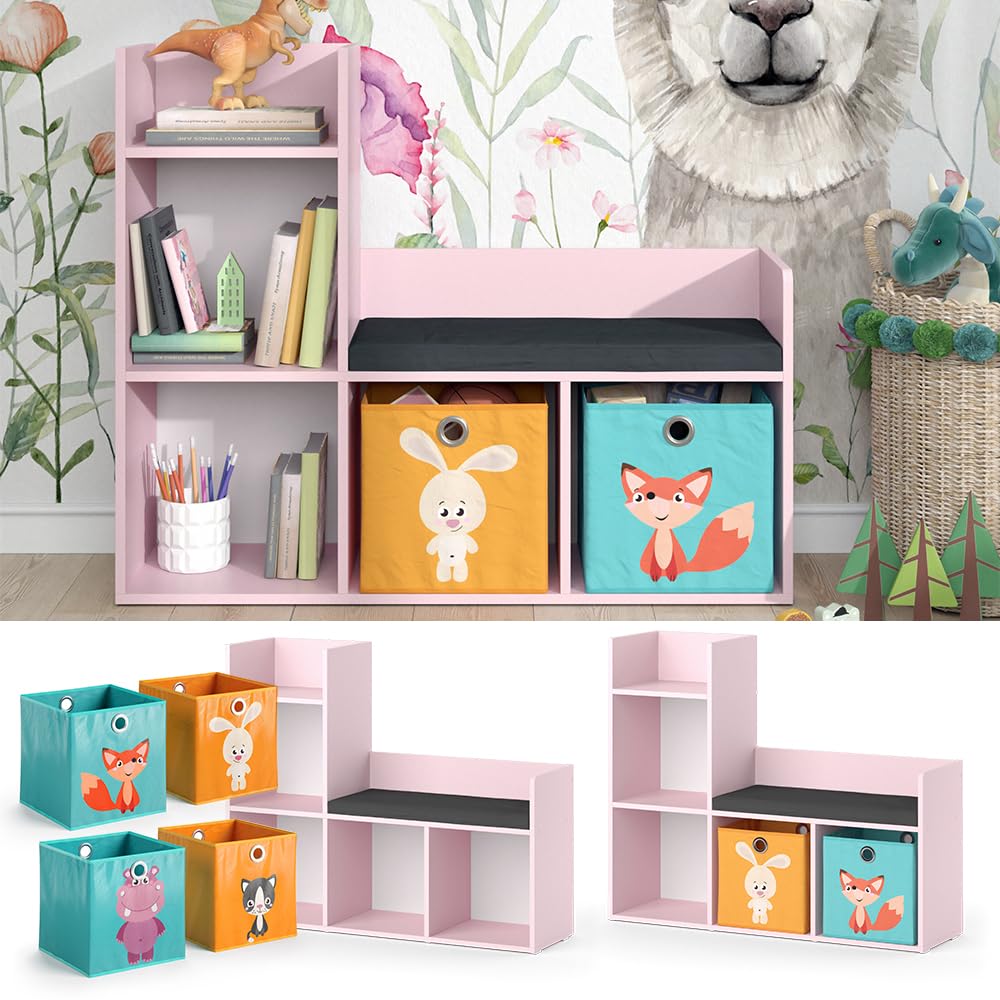 Vicco Libreria bambini Luigi, rosa, 107.2 x 88.6 cm con 2 scatole pieghevoli (colorate), con seduta imbottita e quattro ripiani aperti