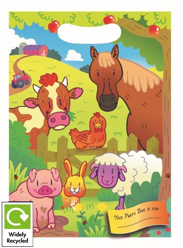 FARM ANIMALS BIRTHDAY PARTY BAGS - RECYCLABLE LOOT TREAT FAVOUR GOODY GIFT BAG (100)